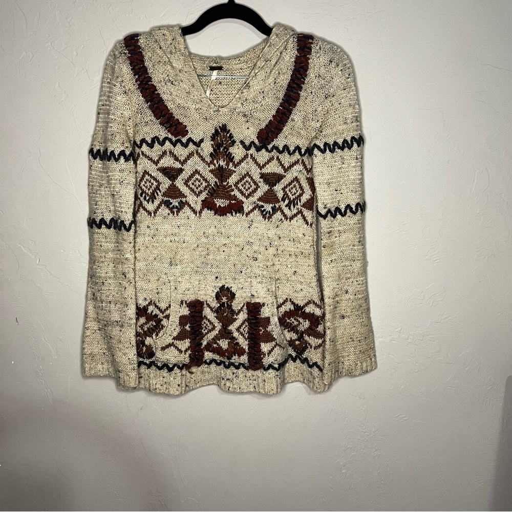 Free People Aztec South Western Brown Hooded Kangaroo Pocket Wool Blend Sweater - Picture 2 of 8
